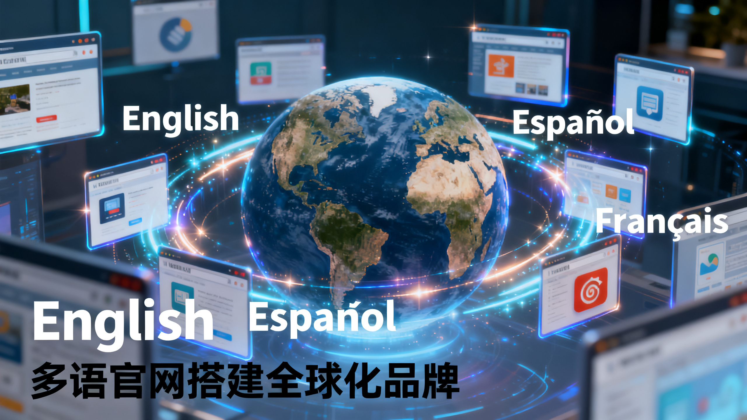 文章配图建议：1. 标题下方：建议添加1张不同语言文字环绕地球，且地球周围有多个网站页面图标闪烁的封面图（作用：快速传递文章核心主题，即利用多语言官网搭建全球化品牌，吸引目标受众）。