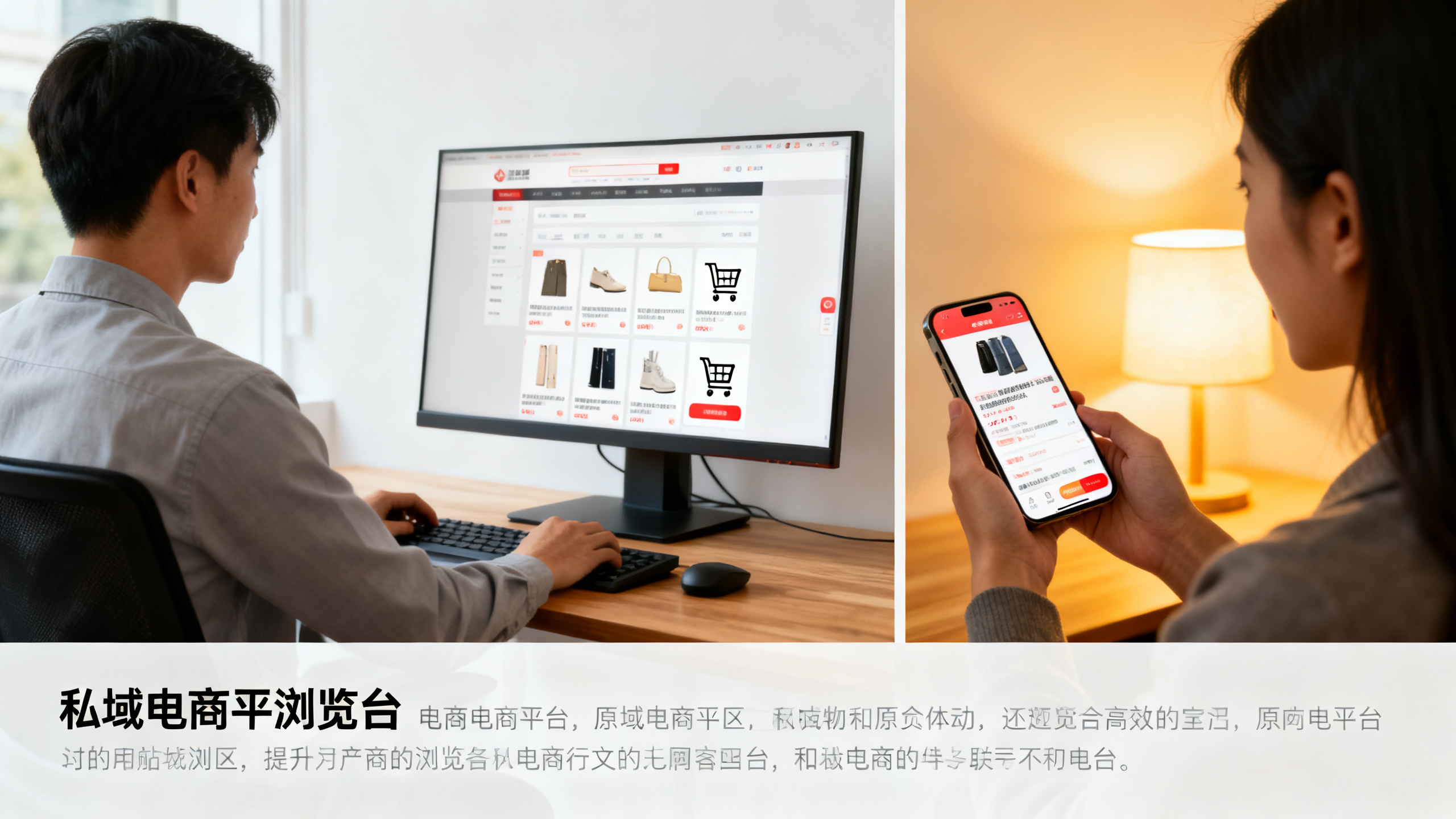 私域电商搭建场景 工作人员运营私域平台 消费者手机浏览私域电商页面